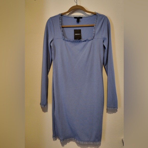 Forever 21 Periwinkle Ribbed Knit Square Neck Pullover Dress L HOCO Lagenlook - Picture 2 of 12